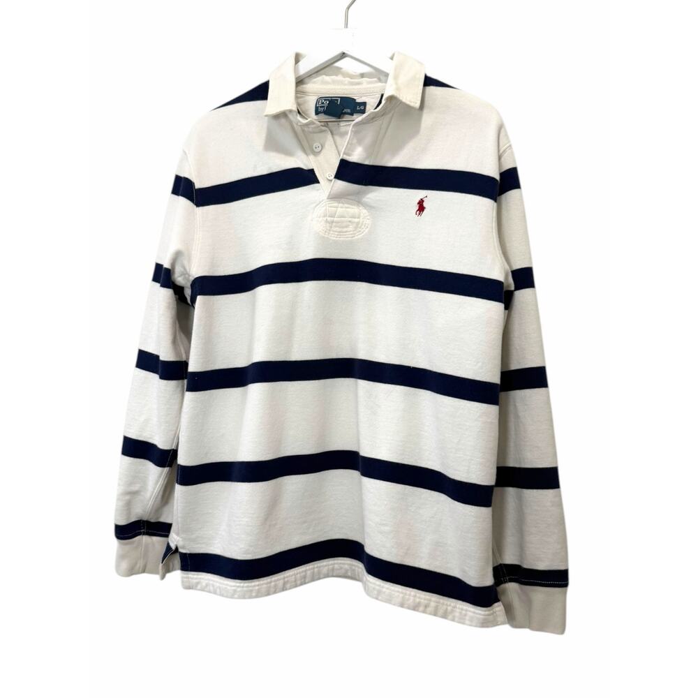 Polo Ralph Lauren Striped Rugby Shirt Cream Navy Long Sleeve Size Large - Picture 4 of 9